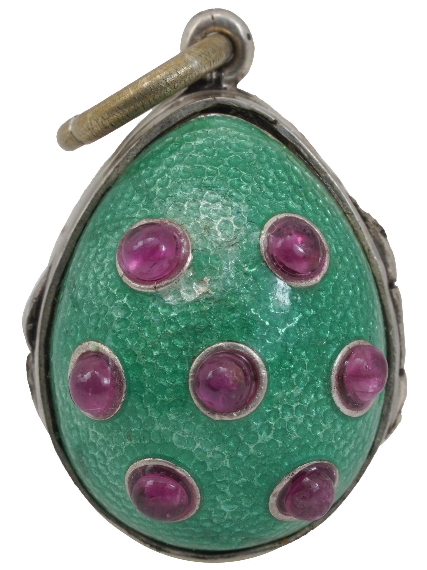 RUSSIAN SILVER ENAMEL EGG PENDANT W RUBY STONES PIC-1